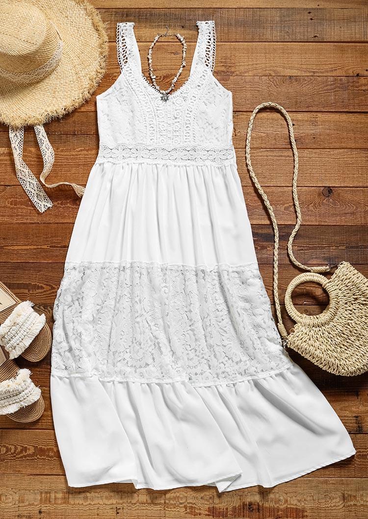 Lace Splicing Sleeveless Mini Dress - White
