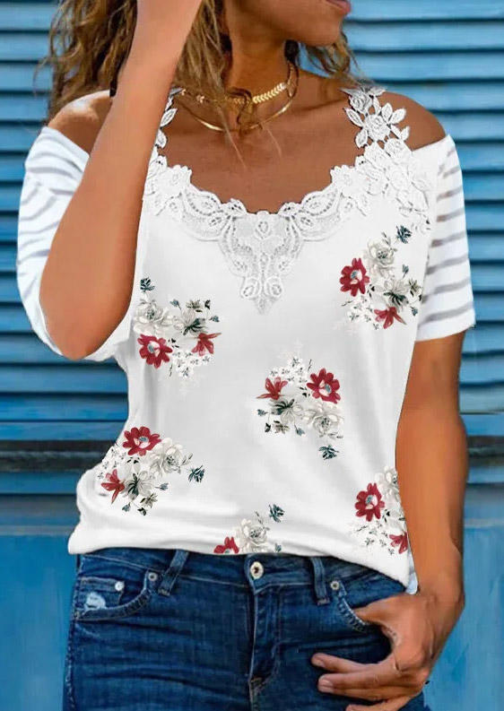 

Floral Striped Lace Splicing Cold Shoulder Blouse - White, 533324