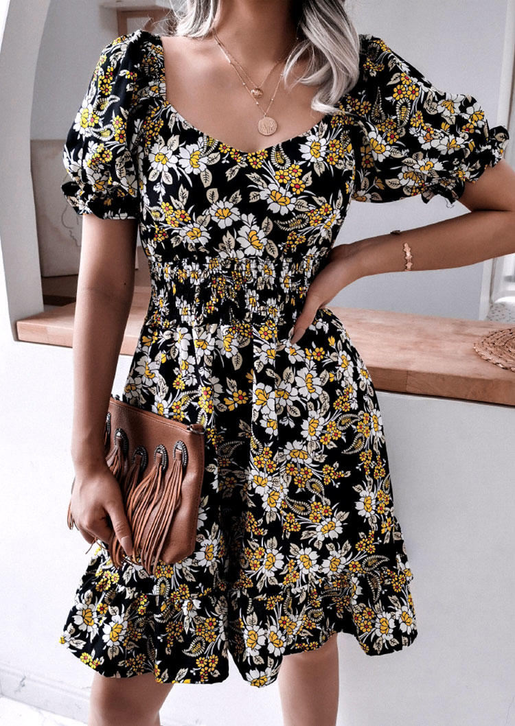 

Floral Ruffled Smocked Mini Dress - Black, 533325