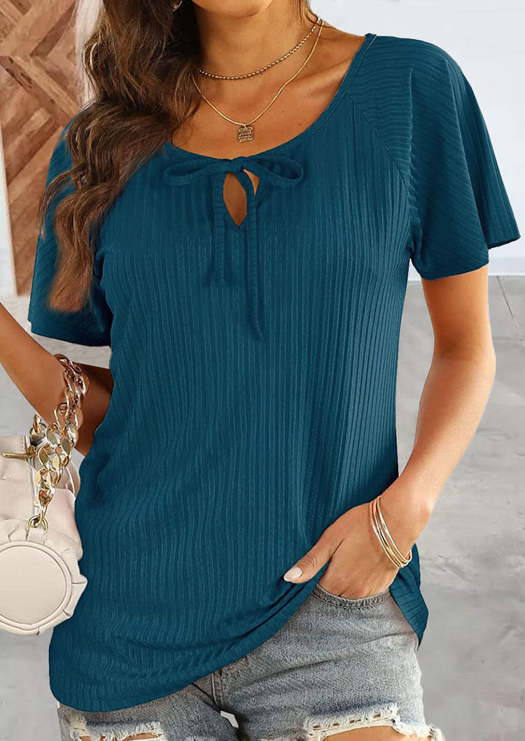 Hollow Out Tie Short Sleeve Blouse - Deep Blue
