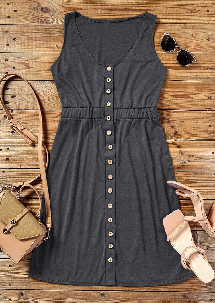 Slit Button Sleeveless Mini Dress - Dark Grey