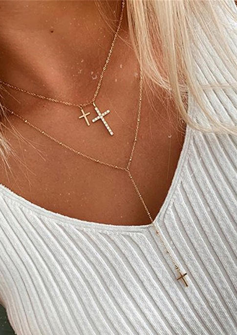 

Rhinestone Cross Dual-Layered Alloy Pendant Necklace, Gold, SCM001067