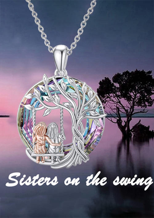 

Sisters On The Swing Tree Of Life Round Pendant Necklace, Silver, SCM001093