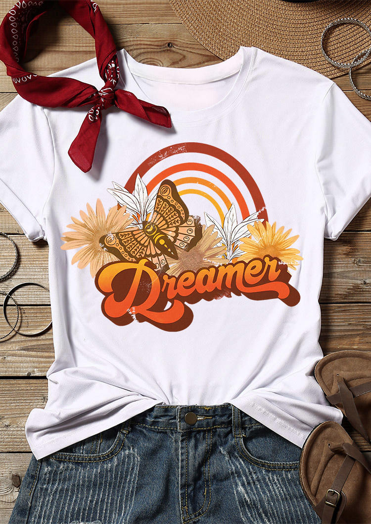 Dreamer Butterfly Sunflower Rainbow T-Shirt Tee - White
