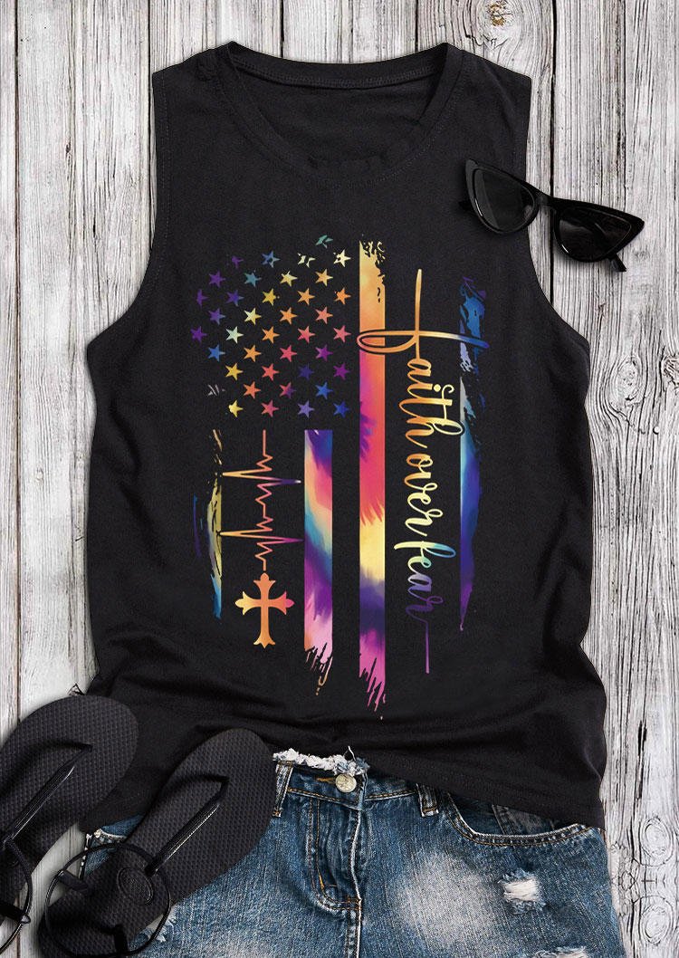 

Gradient American Flag Faith Over Fear ECG Heartbeat Cross Tank - Black, 532818