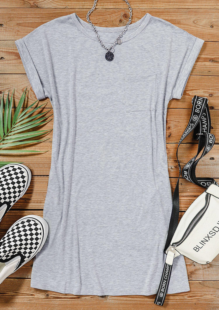 Pocket O-Neck Mini Dress - Gray