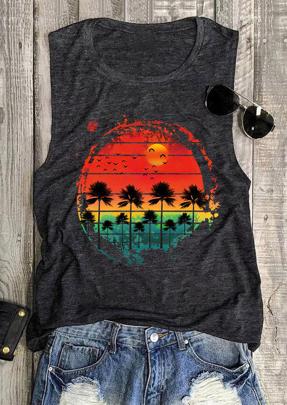 

Sunset Coconut Tree O-Neck Tank - Dark Grey, 532884
