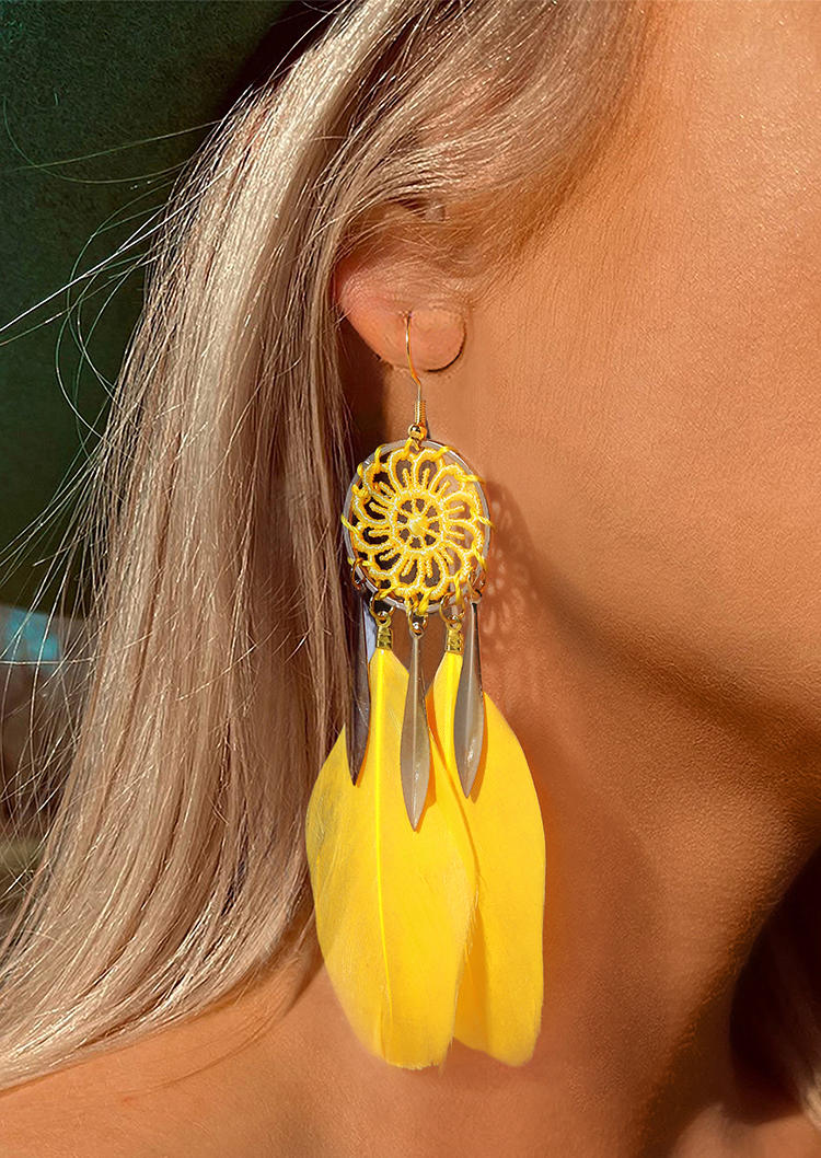 

Dreamcatcher Feather Hook Earrings, Black;yellow, 532949