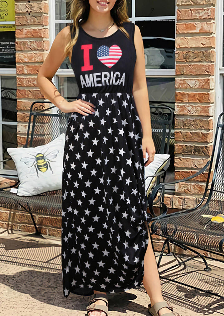 

I Love America Flag Star Slit Maxi Dress - Black, 533402