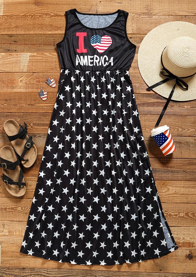 I Love America Flag Star Slit Maxi Dress - Black