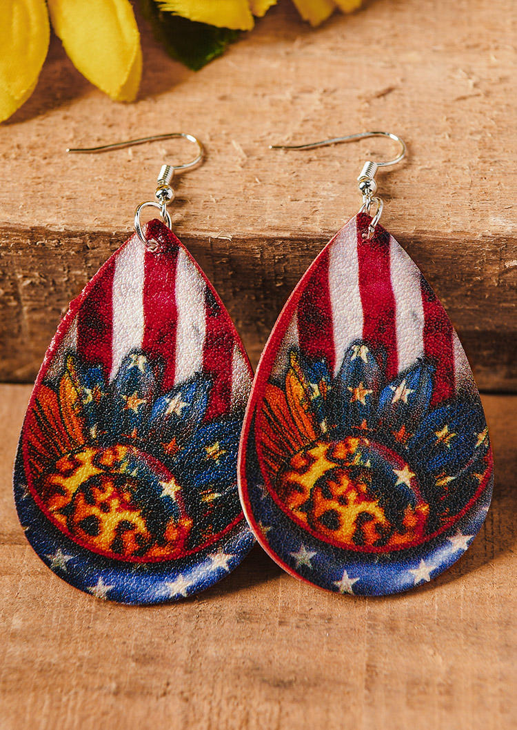 

American Flag Sunflower Leopard Water Drop Earrings, Multicolor, 533472