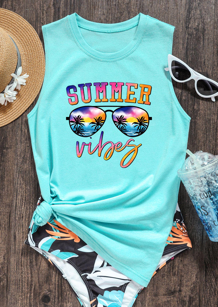 

Summer Vibes Coconut Tree Sunglasses Tank - Cyan, 533382