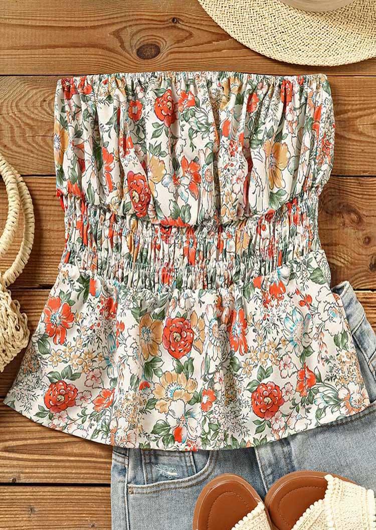 Floral Smocked Ruffled Strapless Bandeau Tank