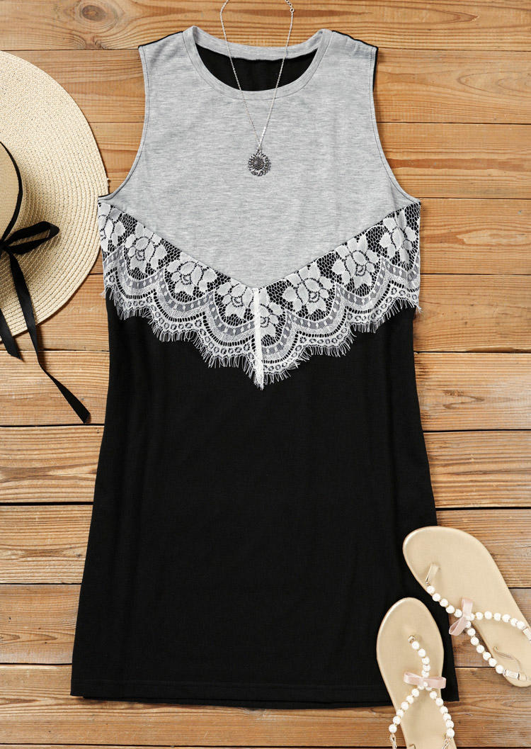 Lace Color Block Sleeveless Mini Dress - Black