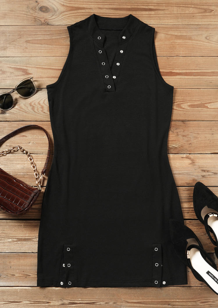 Snap Button Slit Sleeveless Mini Dress - Black
