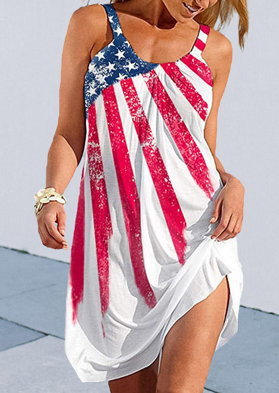 

American Flag Star Spaghetti Strap Mini Dress - White, 533418
