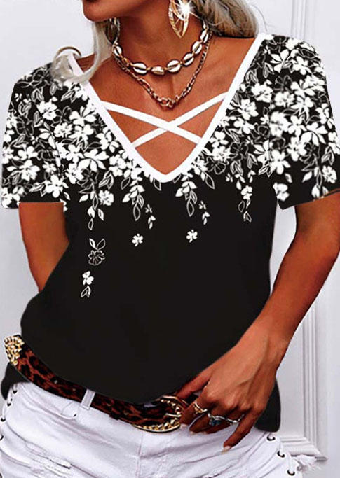 

Criss-Cross Floral Casual Blouse - Black, 533421
