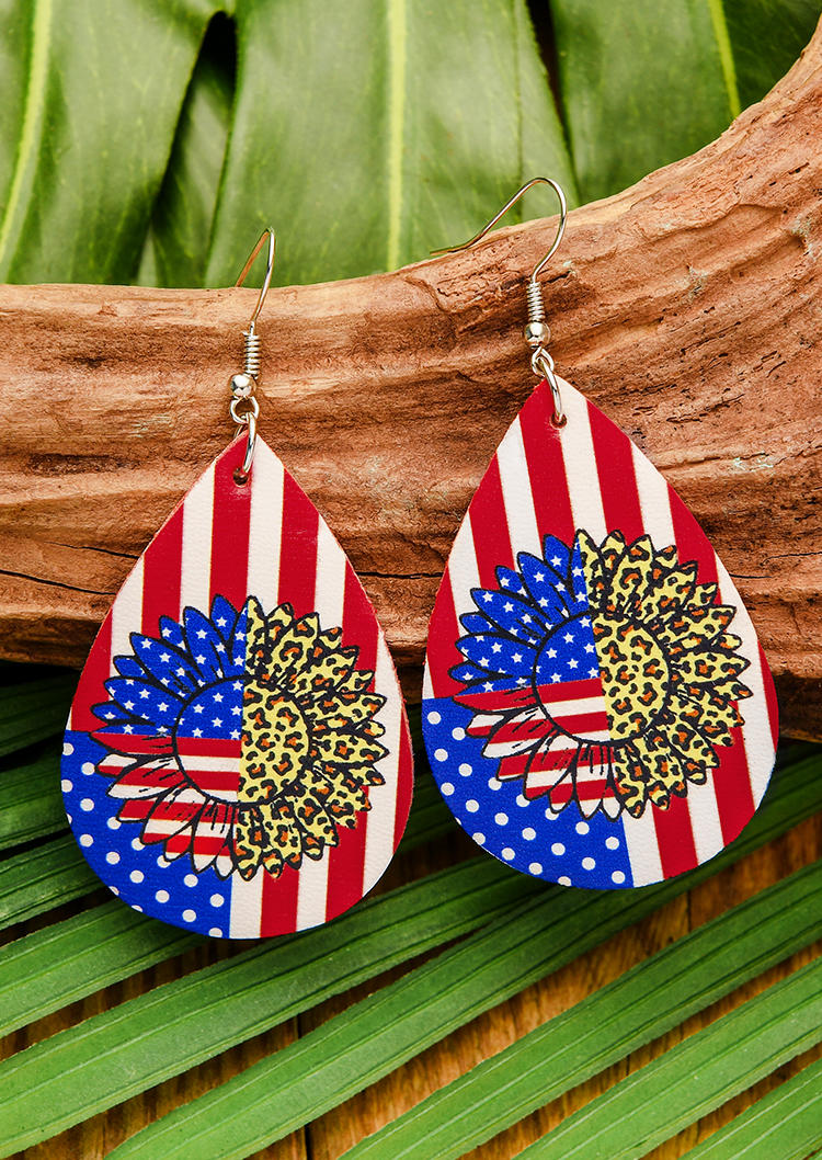 

American Flag Leopard Sunflower Earrings, Multicolor, 533422