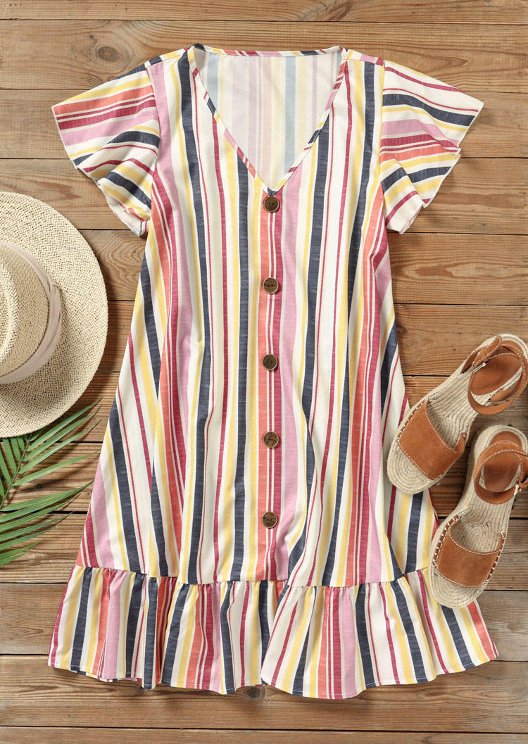 Vertical Striped Ruffled Button Mini Dress