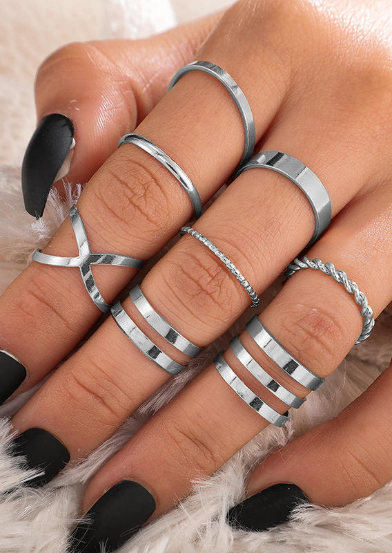 

8Pcs Hollow Out Cross Alloy Ring Set, Silver, 533624