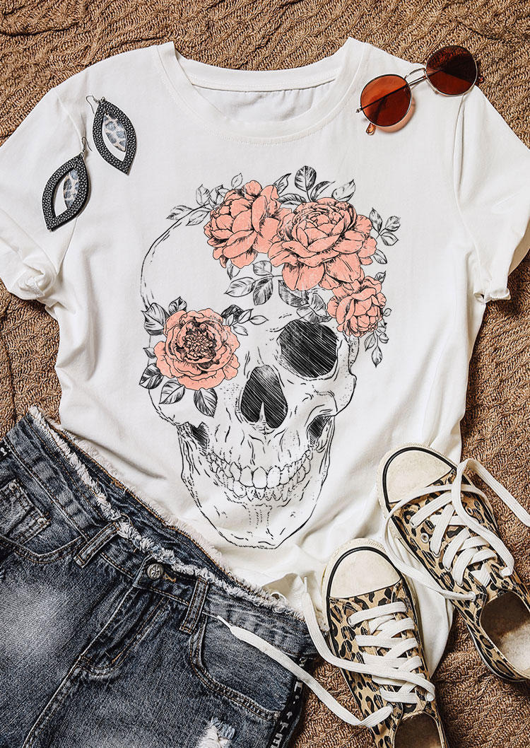 

Floral Skull T-Shirt Tee - White, 532254