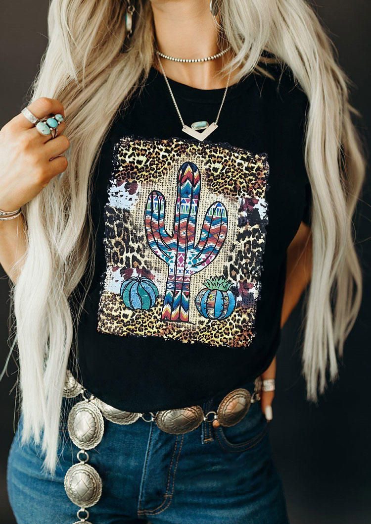 

Cactus Leopard Aztec Geometric Pumpkin T-Shirt Tee - Black, 532256