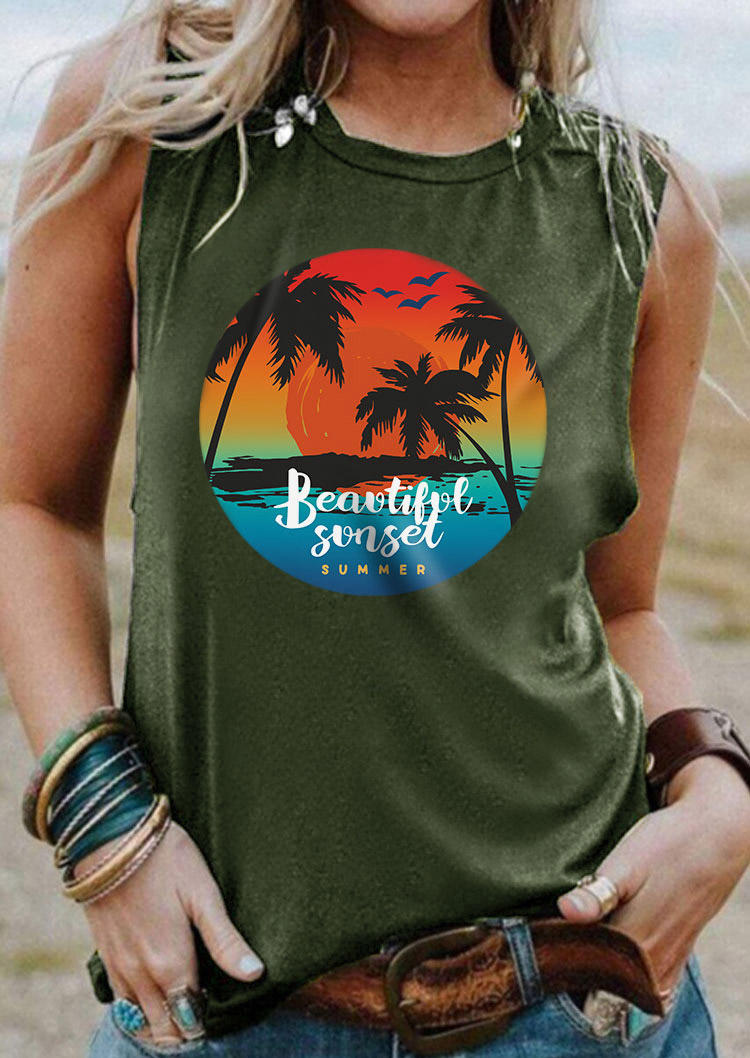 

Beautiful Sunset Summer Coconut Tree Tank - Army Green, 532260