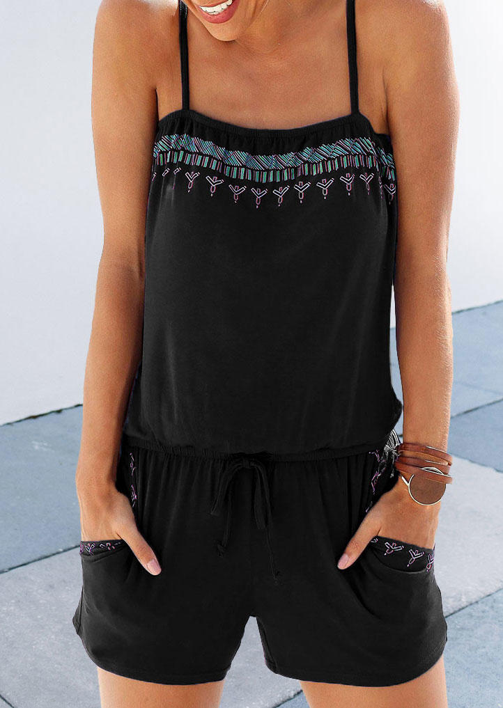 

Pocket Open Back Spaghetti Strap Romper - Black, 533608