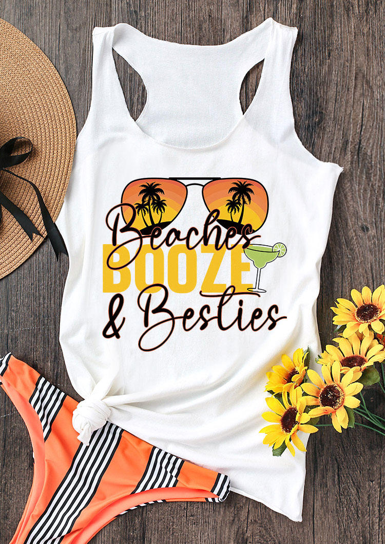 Beaches Booze & Besties Sunglasses Racerback Tank - White