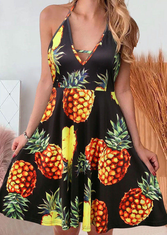 

Pineapple Open Back Halter Mini Dress - Black, 533486