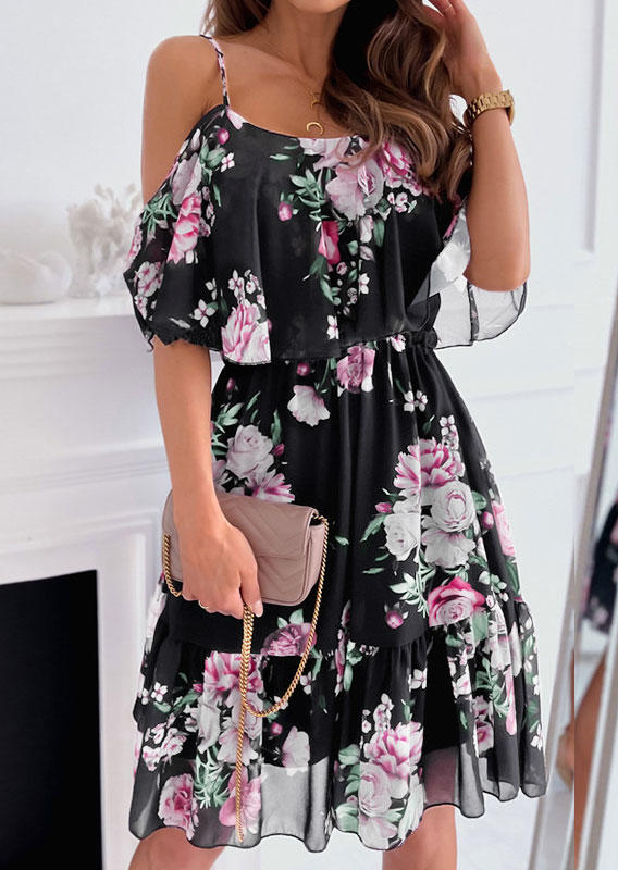 

Floral Ruffled Cold Shoulder Mini Dress - Black, 533554