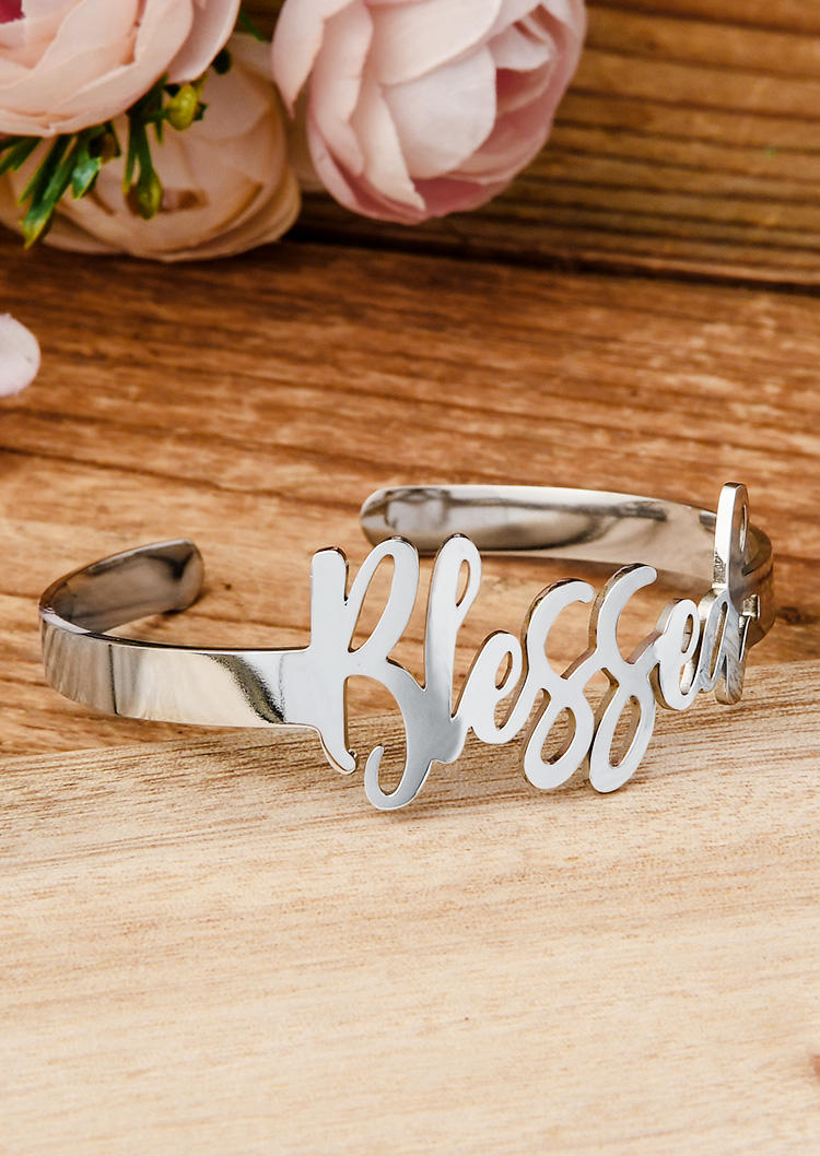 Blessed Hollow Out Stainless Steel Open Bracelet