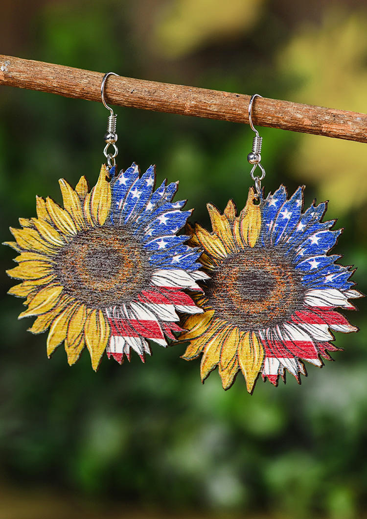 

American Flag Sunflower Wood Earrings, Multicolor, 533710