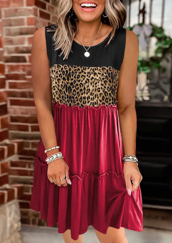 Leopard Color Block Ruffled Mini Dress - Red
