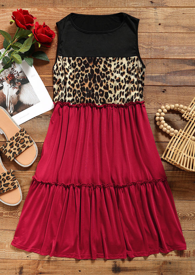 Leopard Color Block Ruffled Mini Dress - Red