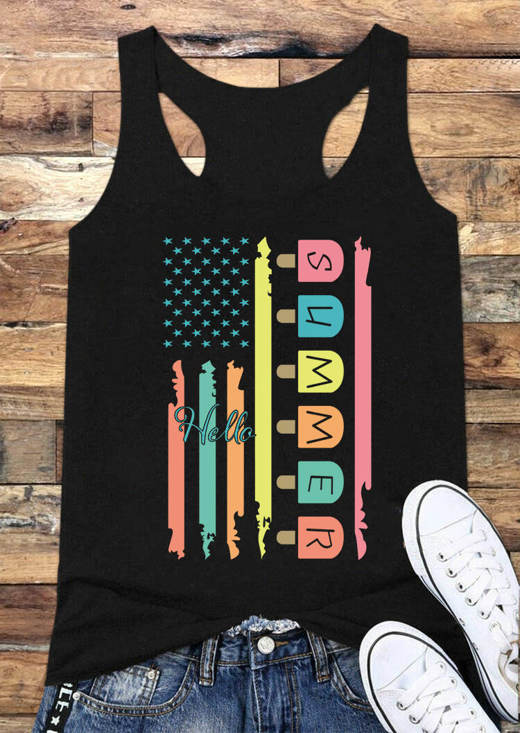 

Hello Summer American Flag Racerback Tank - Black, 533302