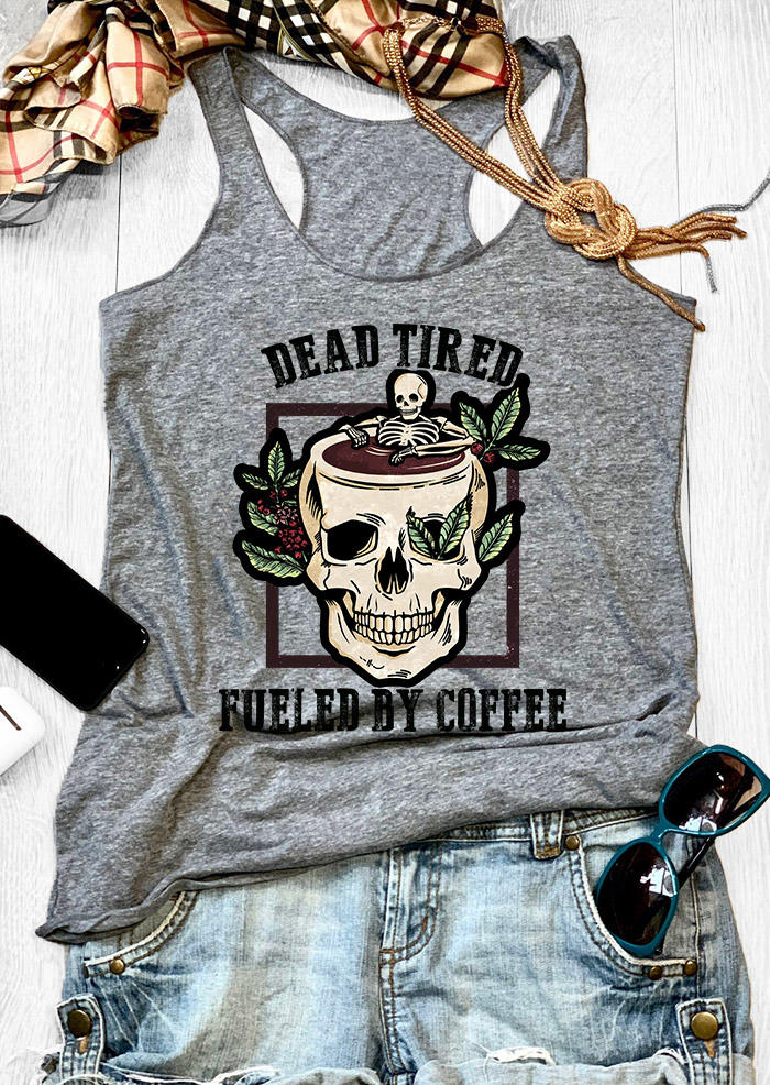 

Dead Tired Fueled By Coffee Skull Racerback Tank - Gray, 533505