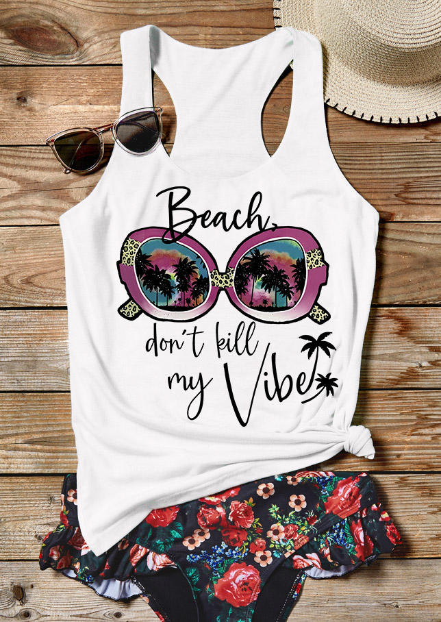 

Beach Don't Kill My Vibe Leopard Coconut Tree Racerback Tank - White, 533511