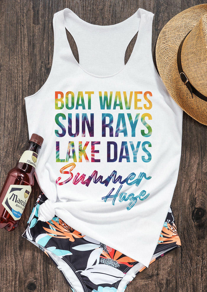 

Boat Waves Sun Rays Lake Days Summer Haze Tie Dye Racerback Tank - White, 533520