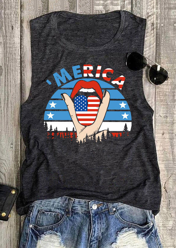 

'Merica American Flag Lips O-Neck Tank - Dark Grey, 533639