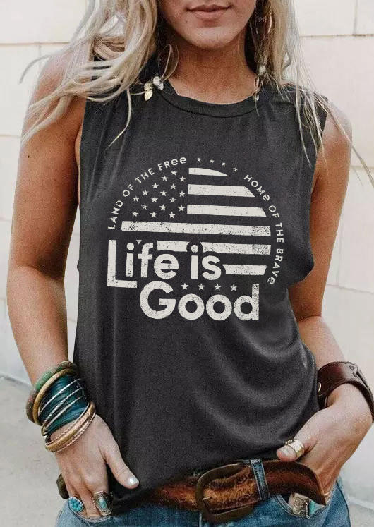 

Life Is Good Land Of The Free Home Of The Brave American Flag Tank - Dark Grey, Gray, 533682