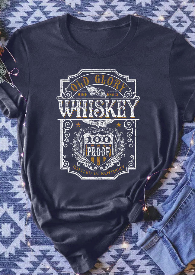 

Vintage Whiskey Graphic O-Neck T-Shirt Tee - Navy Blue, 533746