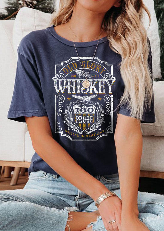Vintage Whiskey Graphic O-Neck T-Shirt Tee - Navy Blue