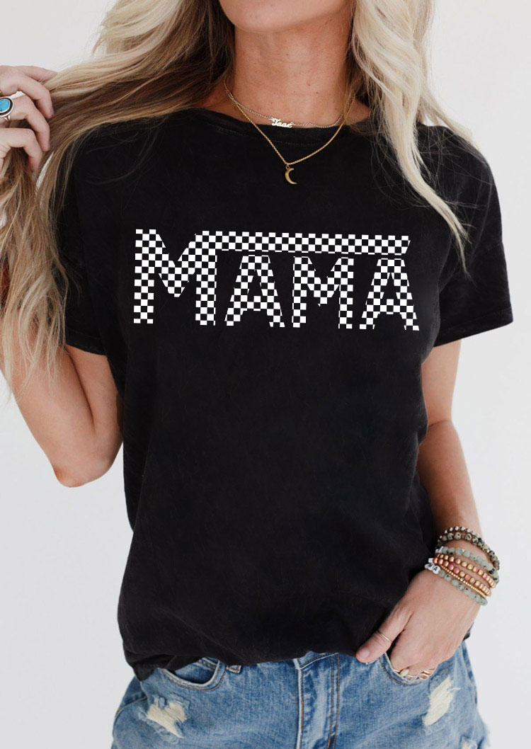 

Checkered Mama O-Neck T-Shirt Tee - Black, 533806