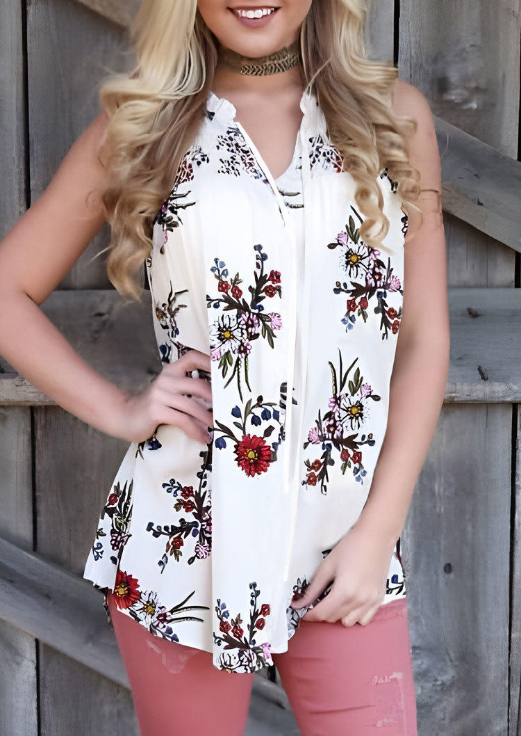 Floral Ruffled Casual Tank - White