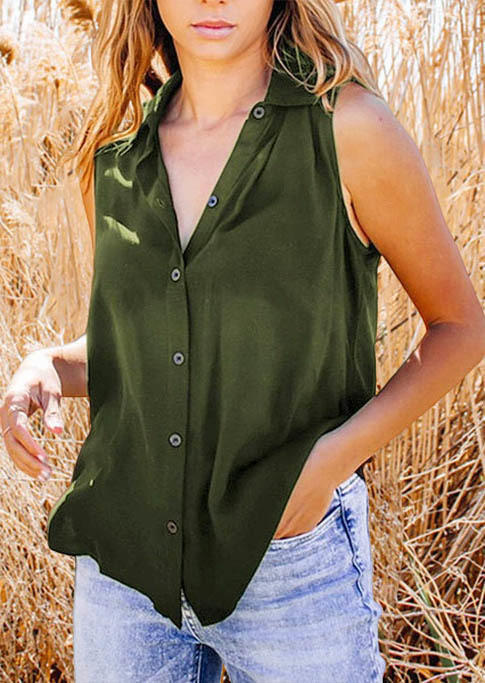 

Button Turn-down Collar Tank - Army Green, SCM001148