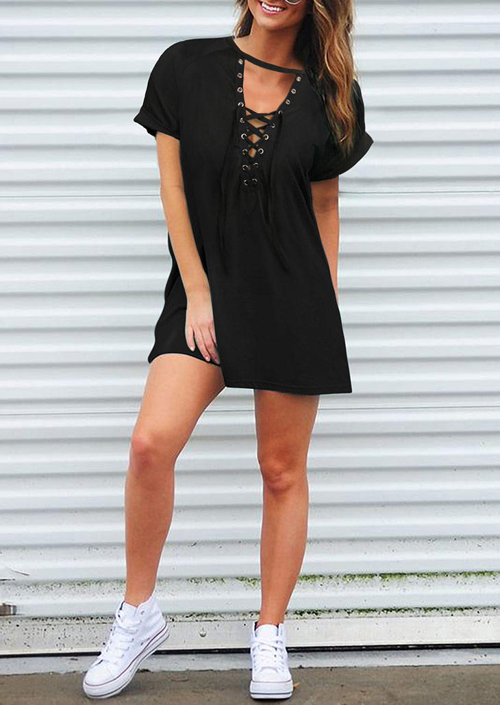 Lace Up Hollow Out Mini Dress - Black