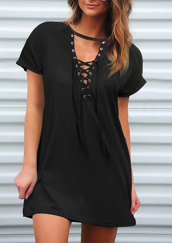 Lace Up Hollow Out Mini Dress - Black