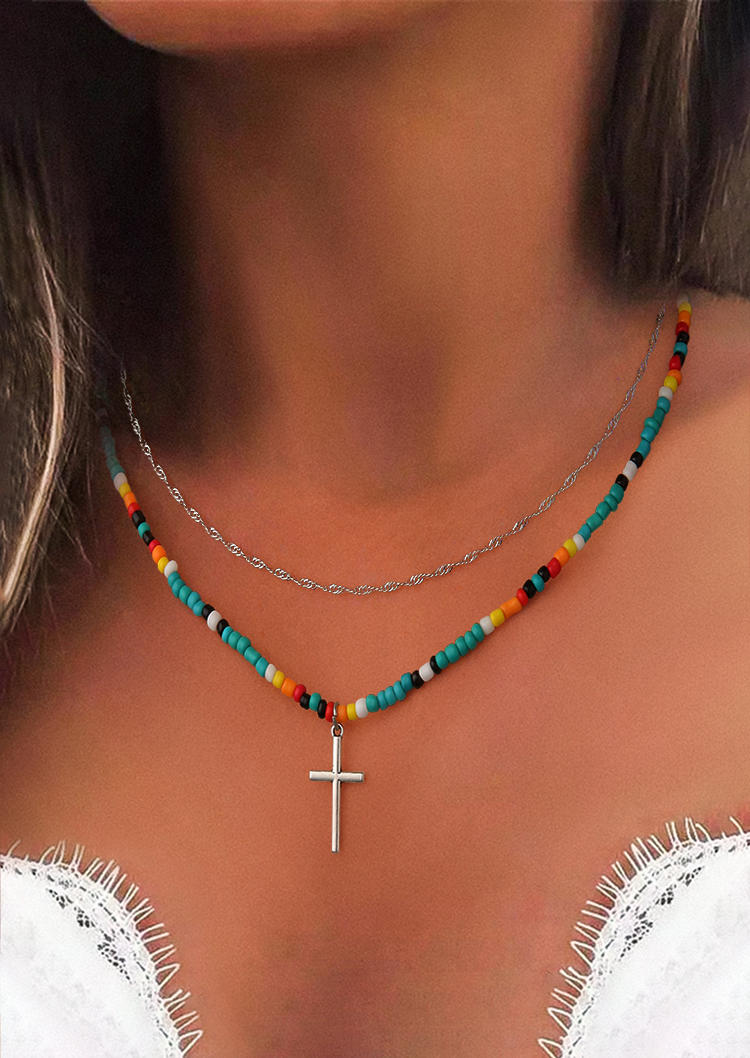 2Pcs Colorful Beading Cross Pendant Necklace - Bellelily