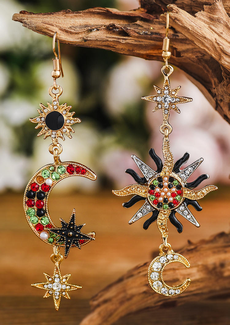 

Sun Moon Star Rhinestone Asymmetric Earrings, Multicolor, 533803
